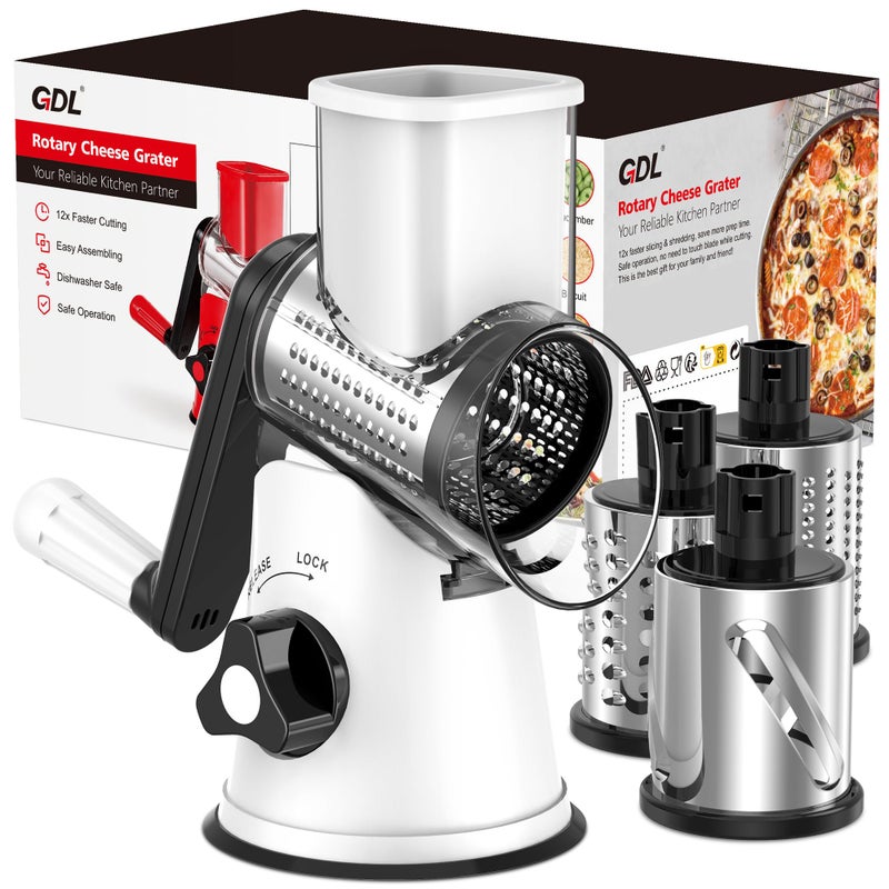 GDL Cheese Grater Rotary, Rotary Grater for Kitchen, Kitchen Grater Vegetable Slicer with 3 Drum Blades, Fast Cutting Cheese Shredder for Vegetables and Nuts - Image 1